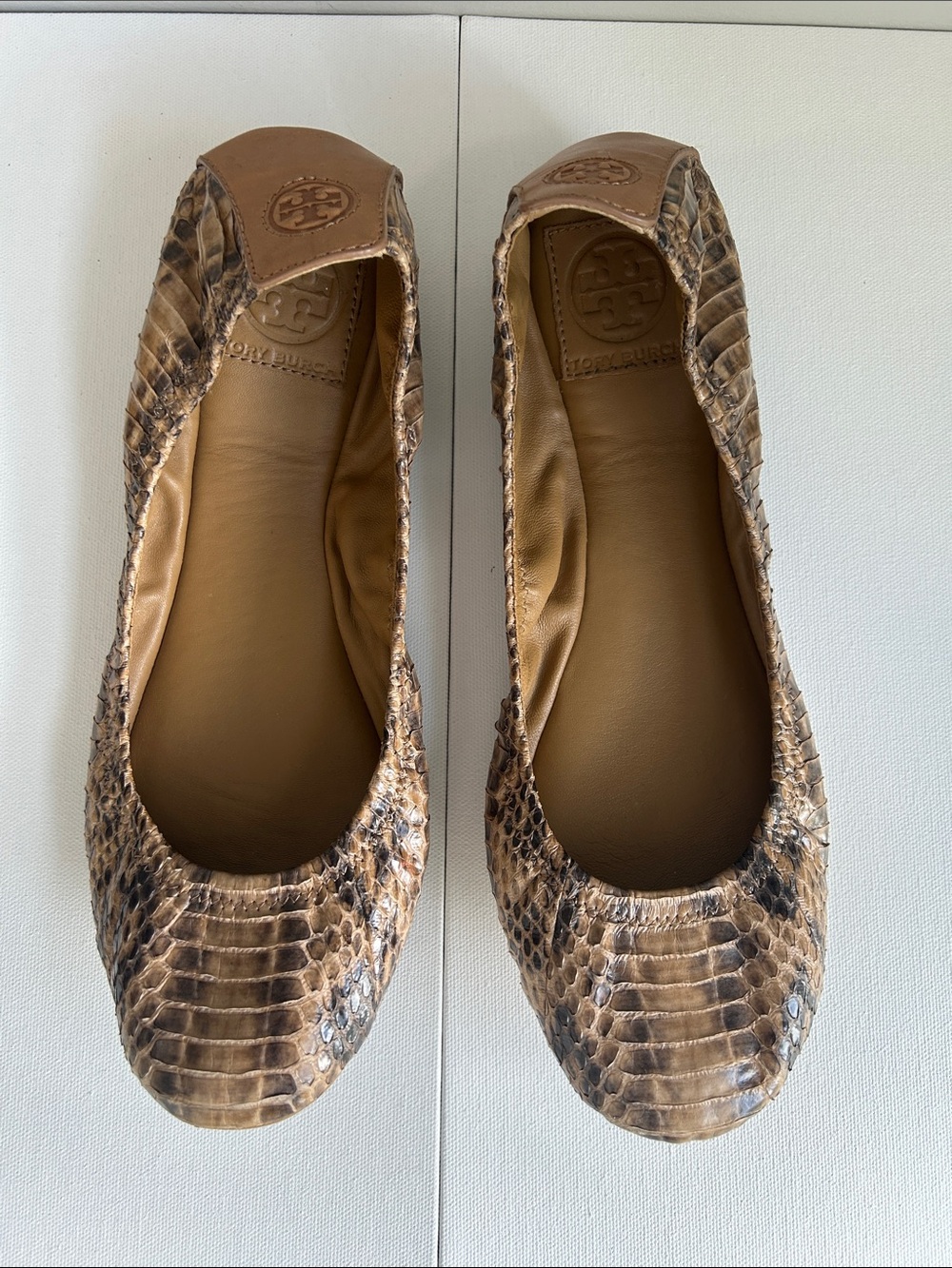 Tory Burch Eddie Python Snakeskin Leather Ballet Flats in Tan & Brown